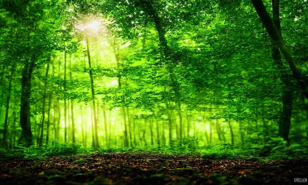 Een bos met een groene achtergrond en een boom in het midden