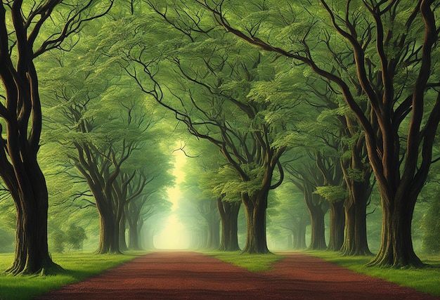 Een bos met een groene boom en een pad met het woord bos erop.