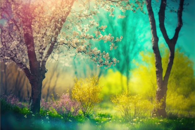 Een bos met een kleurrijke achtergrond en een boom met bloemen op de voorgrond.