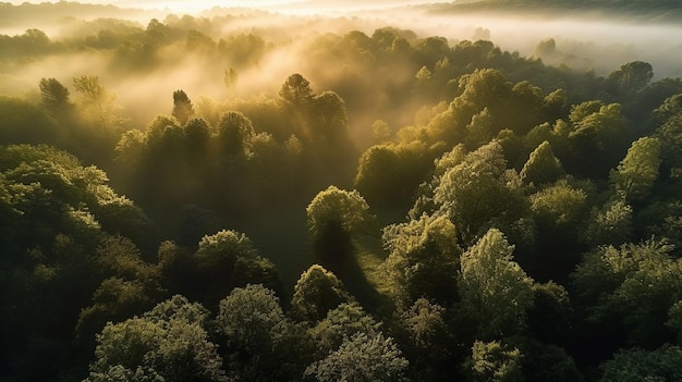 Een bos met een mistige lucht