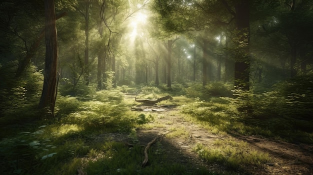 Een bos met een pad en de zon schijnt door de bomen