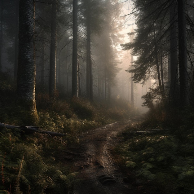 Een bos met een pad met het woord " erop "