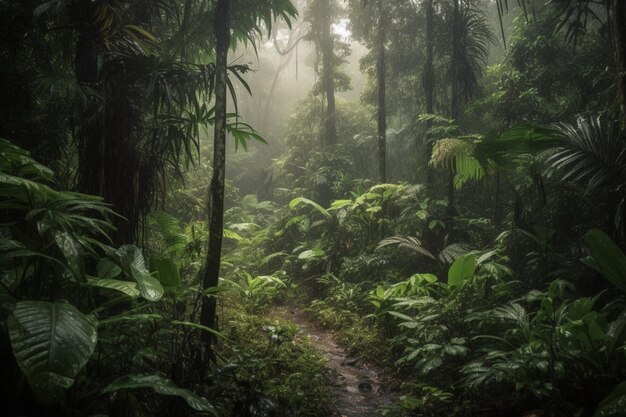 Een bos met een pad waar het woord jungle op staat
