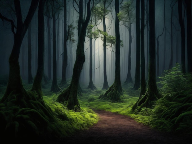 Een bos met een pad waar licht op staat