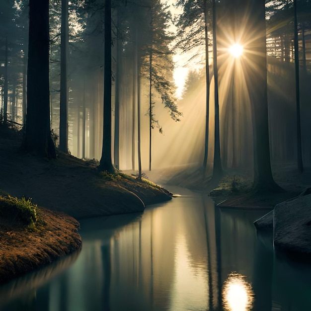 Een bos met een rivier en de zon die door de bomen schijnt