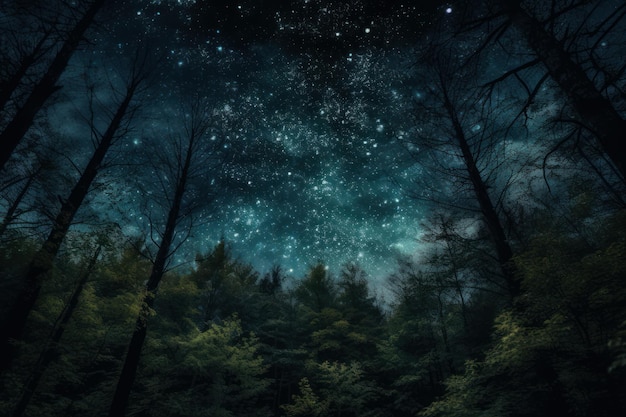 Een bos met een sterrenhemel en daarboven de sterren
