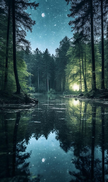Een bos met een sterrenhemel en een meer
