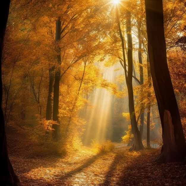 Een bos met een zonnestraal in de herfst