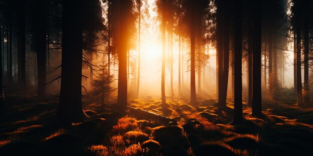 Een bos met een zonnetje dat door de bomen schijnt