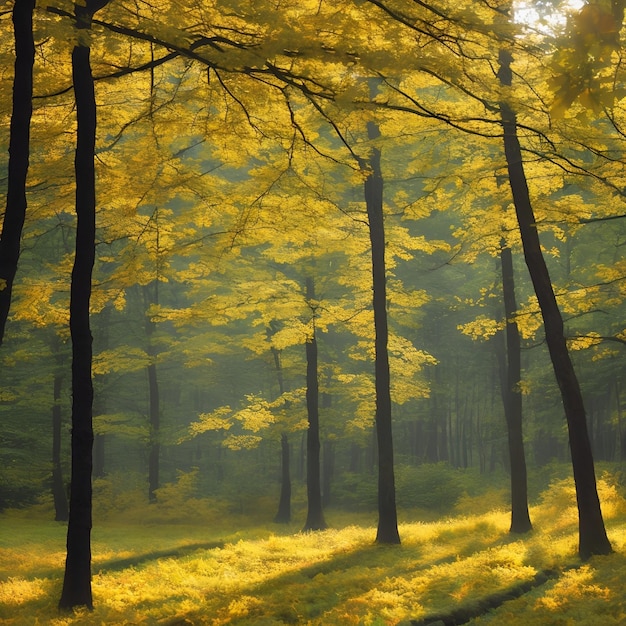 Een bos met gele bladeren die worden verlicht door de zon