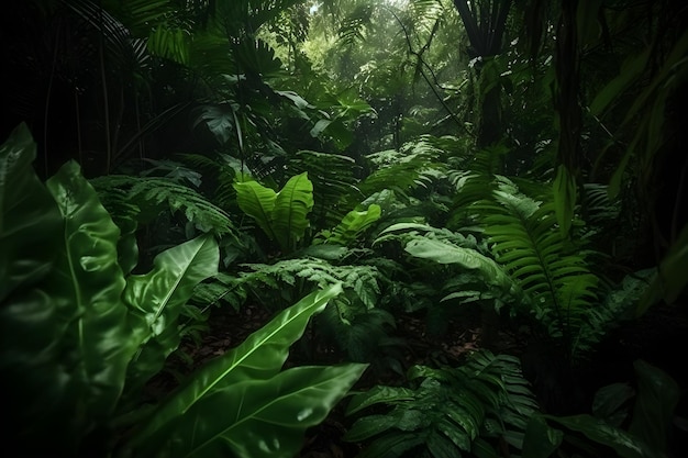 Een bos met groene planten en een licht erop