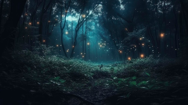 Een bos met licht in het donker