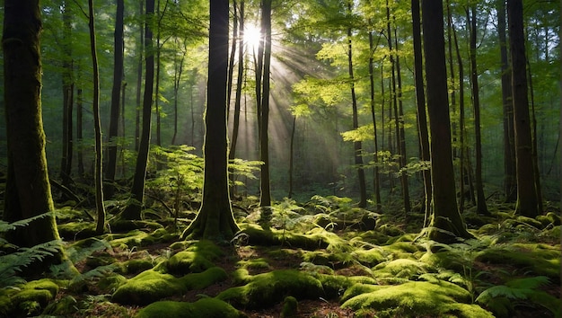 een bos met mos bedekte bomen en de zon schijnt door de bomen