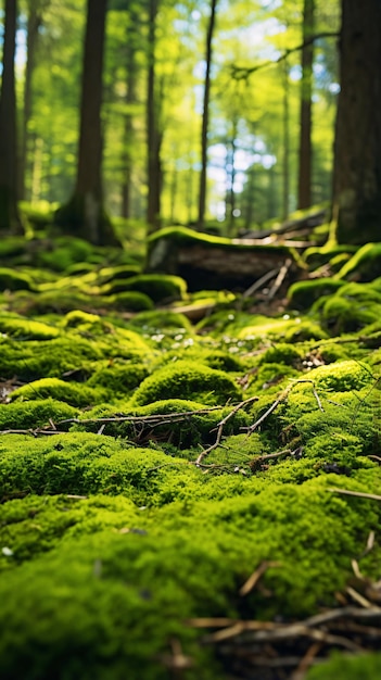 een bos met mos en bomen