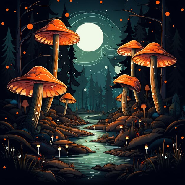 een bos met paddenstoelen en een rivier met een volle maan op de achtergrond