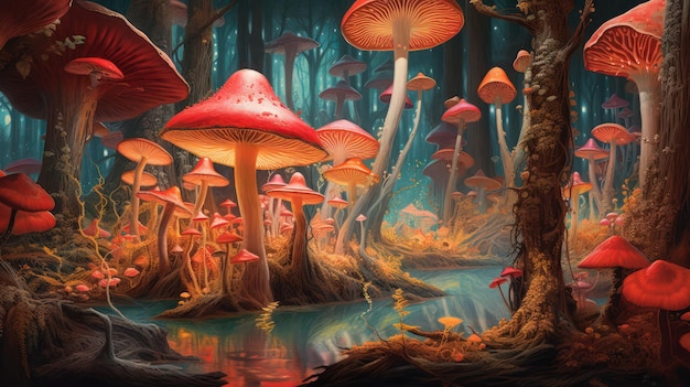 Een bos met paddenstoelen en een vijver