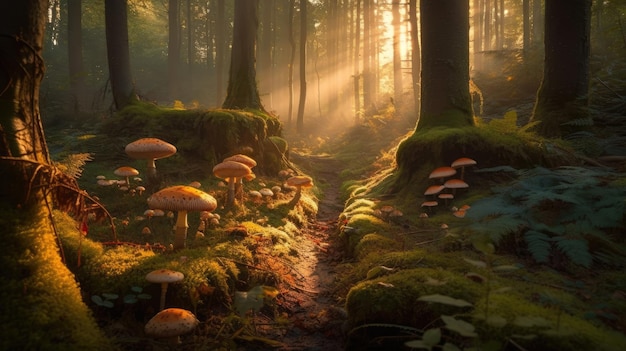 Een bos met paddenstoelen en een zonnestraal