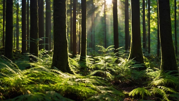 een bos met varens en bomen op de achtergrond en de zon schijnt door de bomen