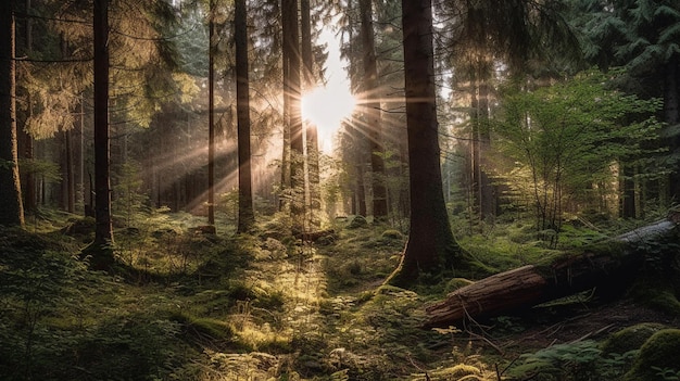 Een bos met zon die door de bomen schijnt