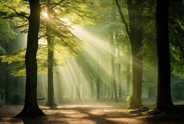 een bos met zonlicht dat door een boom schijnt in de herfst in de stijl van de passage