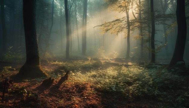 Een bos met zonnestralen die door de bomen schijnen