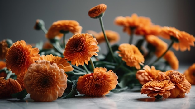 Een bos oranje bloemen op een tafel