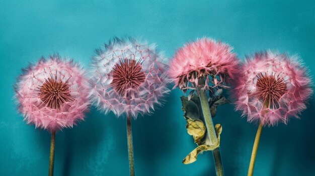 Een bos paardebloemen waarvan er eentje is afgewaaid