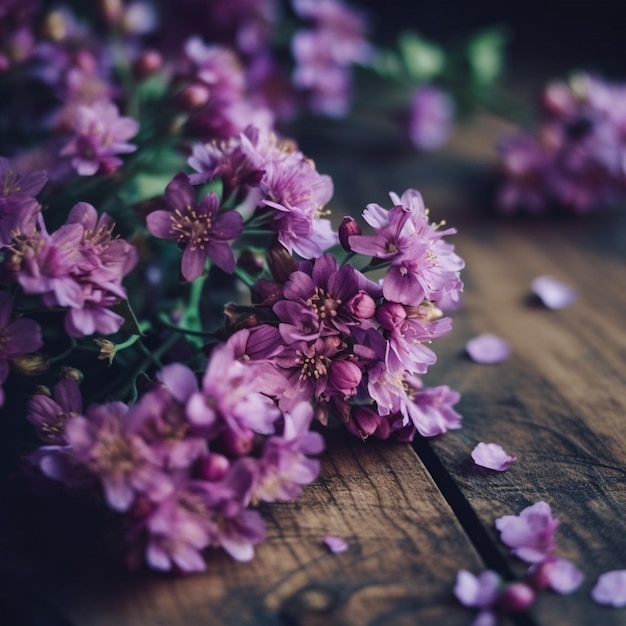 Een bos paarse bloemen op een houten tafel