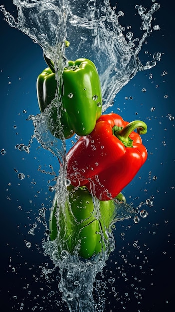 een bos paprika's wordt met water gespoten