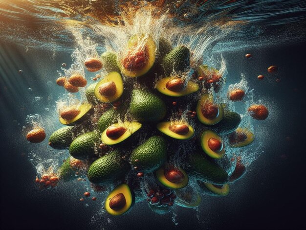 Een bos rijpe avocado's met waterdruppels.