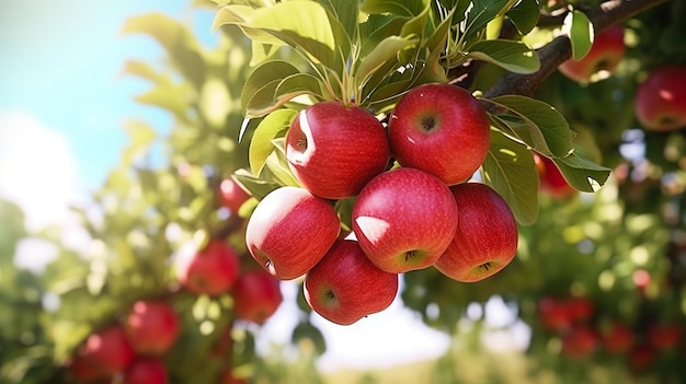 Een bos rode appels groeit op een boom.