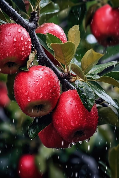 Een bos rode appels hangt aan een boom met regendruppels erop.