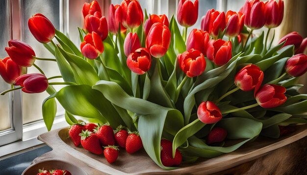 Foto een bos rode bloemen staat op een tafel.