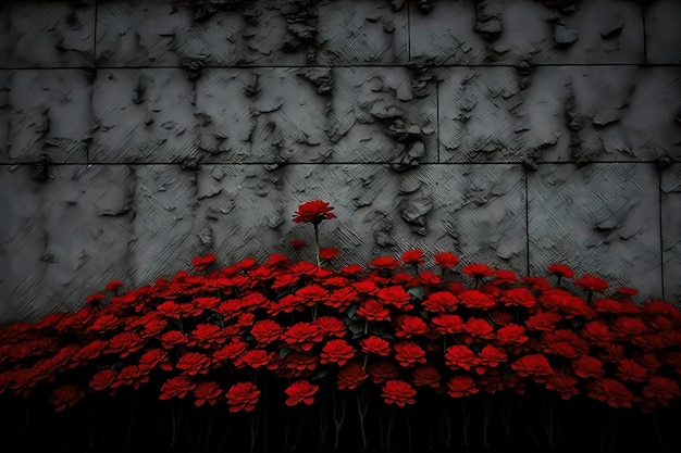 Een bos rode bloemen staat voor een stenen muur.