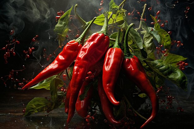 een bos rode paprika's die bovenop een houten tafel zitten