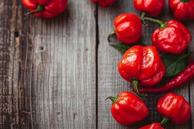 een bos rode paprika's op een houten tafel