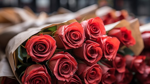 een bos rode rozen met een kaartje met de tekst "valentijn".