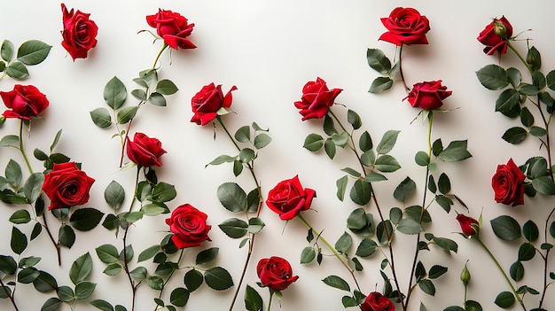 Een bos rode rozen op een wit oppervlak met groene bladeren en stengels op de muur en op de muur