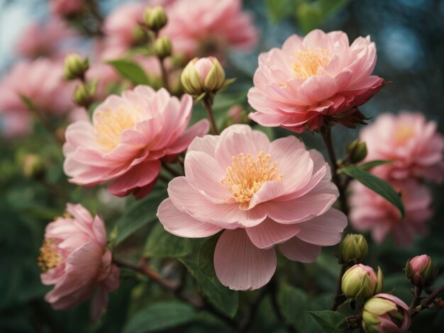 een bos roze bloemen met groene bladeren in een tuin