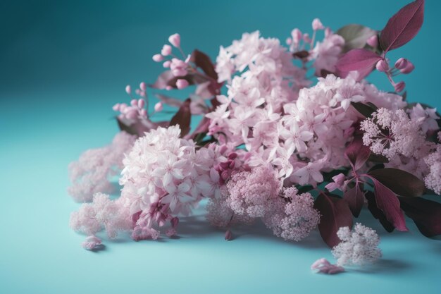 Een bos roze bloemen met groene bladeren op een blauwe achtergrond