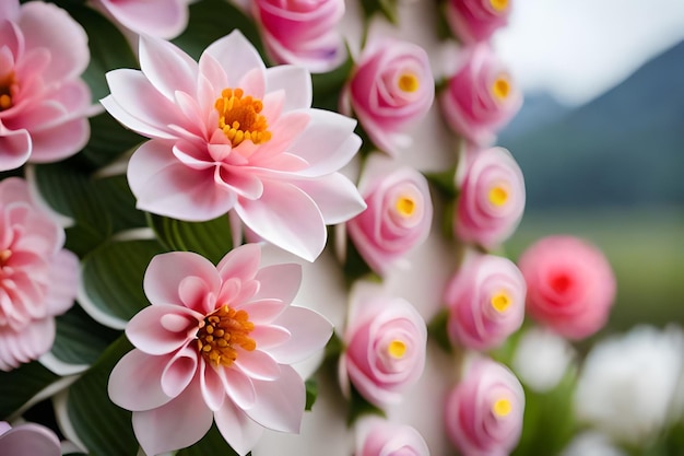 een bos roze bloemen met het woord "lente" op de bodem.