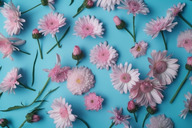 Een bos roze bloemen op een blauwe achtergrond generatieve AI