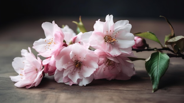 Een bos roze bloemen op een houten tafel