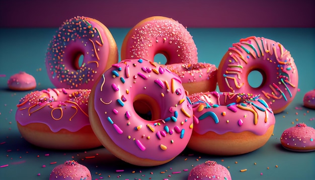 Een bos roze donuts met roze glazuur en hagelslag erop