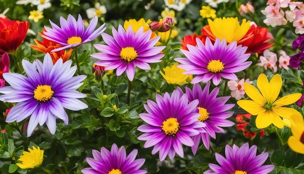 Een bos roze en gele bloemen in een prachtig uitzicht