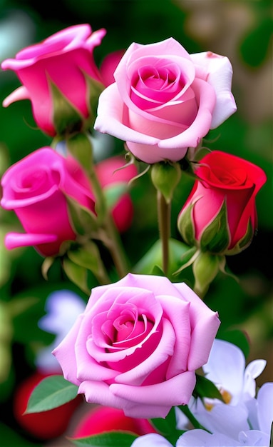 Een bos roze rozen met het woord liefde erop