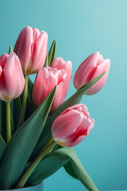 Een bos roze tulpen op een blauwe achtergrond