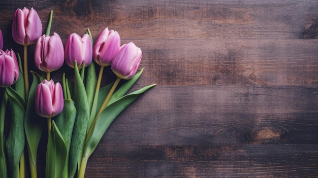 Een bos roze tulpen op een houten tafel