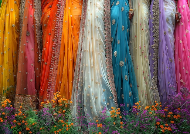 een bos saris met oranje bloemen en bloemen