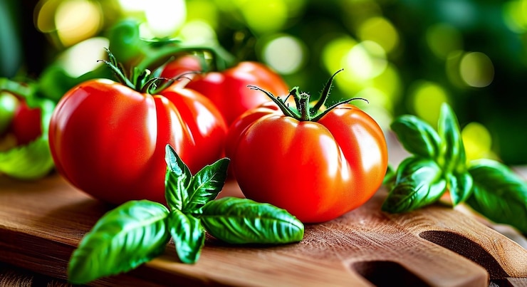 Foto een bos tomaten op een snijplank met een groen blad